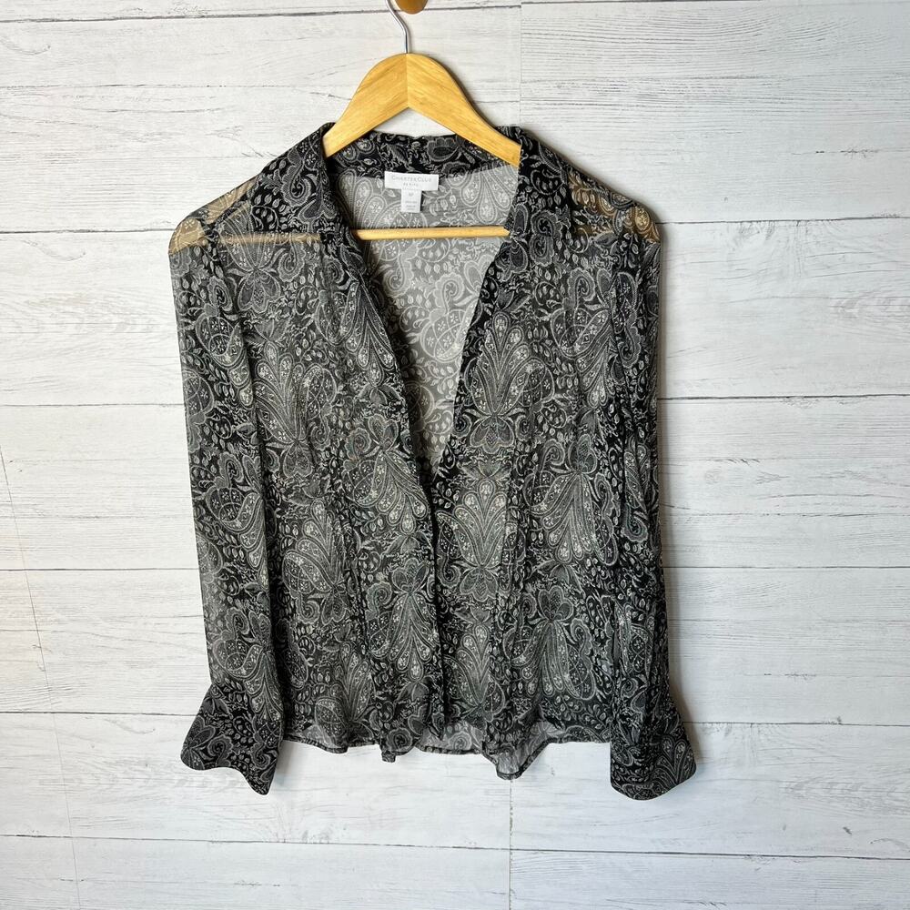 Charter Club Blouse Womens Size 8P Black Sheer Paisley Floral 100% Silk Goth - Picture 3 of 16